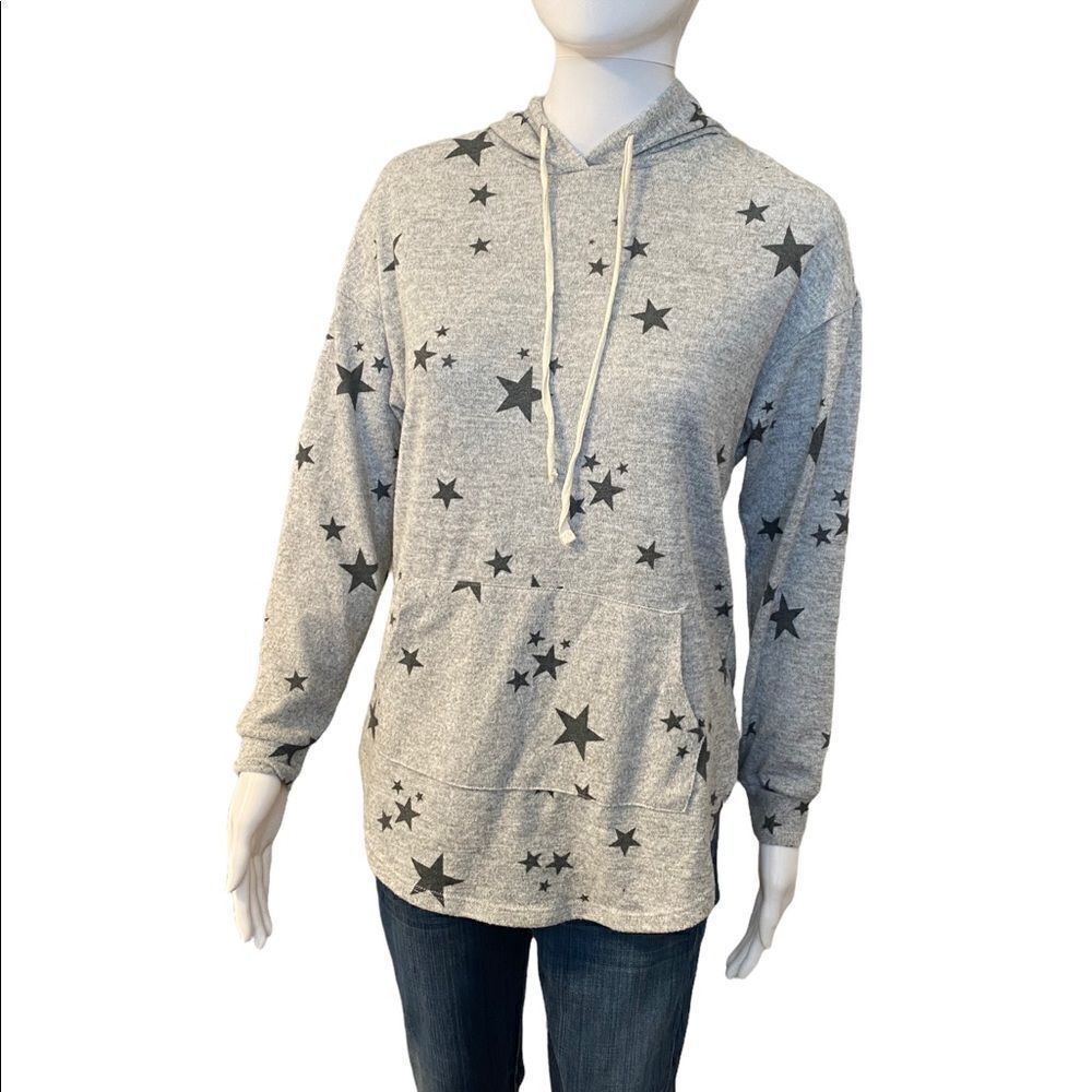 No Boundaries Star Print Pocket Hoodie Womens Small Gray Blue AB1205